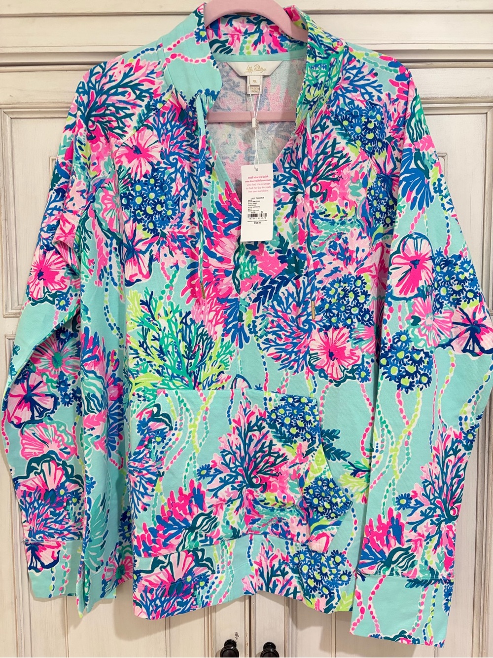 NWT SZ XL Lilly Pulitzer Mint Aqua Floral Shift Top with Pink & Navy Accents
